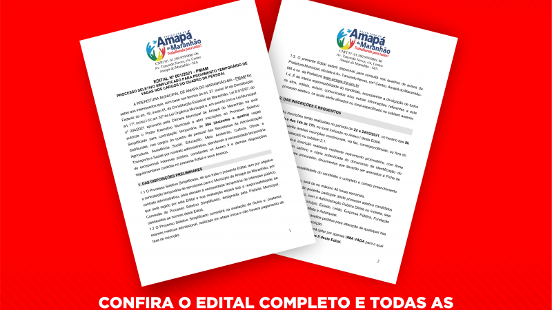 Prefeitura de Amapá do Maranhão Divulga Edital de Processo Seletivo Simplificado Para Contratação Temporária de 204 vagas.